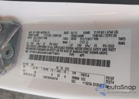 2015 Ford Escape Se z USA, uszkodzony, nr VIN 1FMCU9GX4FUB77401